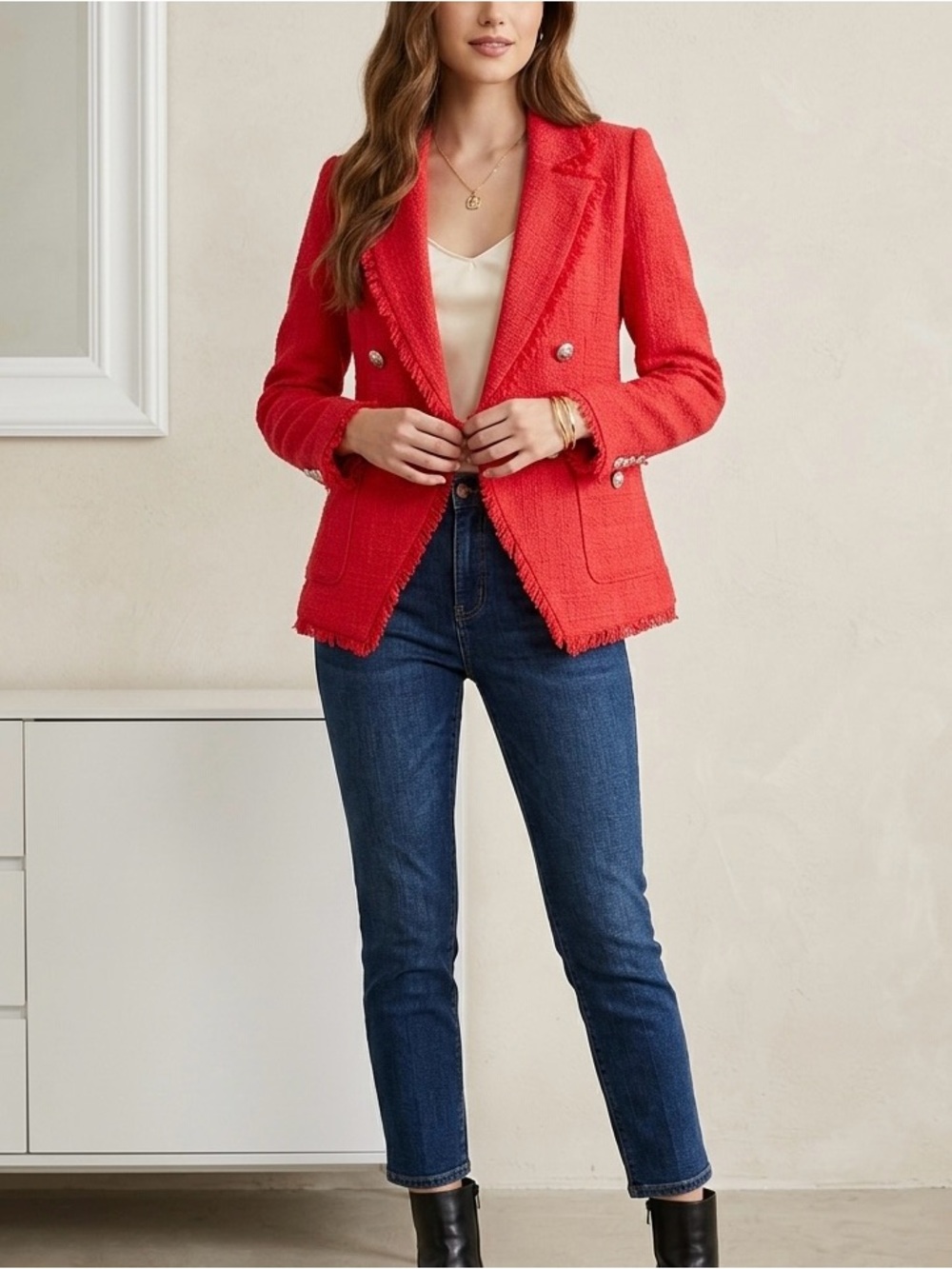 NWT House of Harlow 1960 Coral Red Tweed Fringe Double Breasted Blazer Size S
